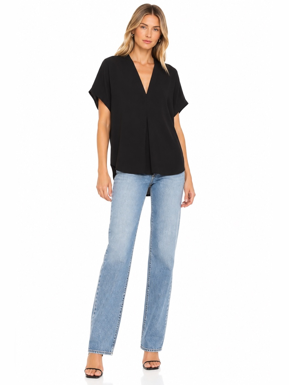 Vince Double V Dolman Crepe Blouse Black Short Sleeve V-Neck Top